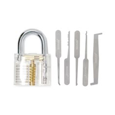 an open combination padlock with four different tools