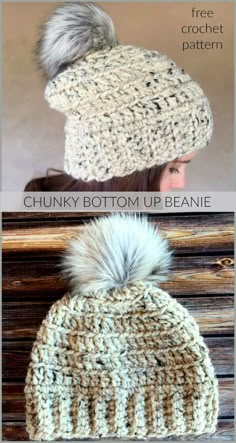 the chunky knit beanie with two pom - poms is shown in three different colors