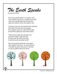 the earth speaks poem with four trees in different colors and words on it, including one for