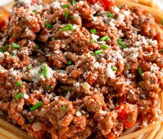 spaghetti with meat and parmesan cheese on top