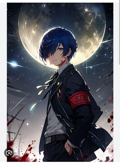 an anime character with blue hair standing in front of a full moon and blood splattered background