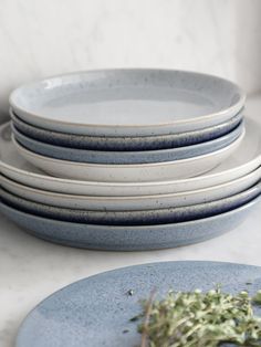 four plates stacked on top of each other next to a pile of dried herbs in front of them