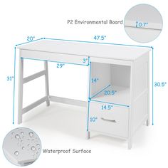 a white desk with measurements for the top and bottom drawers on each side is shown