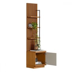 a tall wooden shelf with plants on top and a planter in the bottom, against a white background