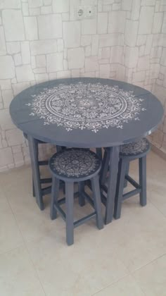 a table with two stools in front of it