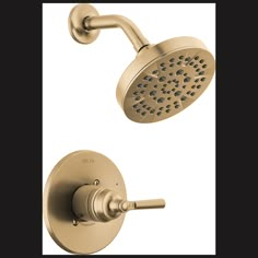 the delta shower faucet is shown in brushed brass