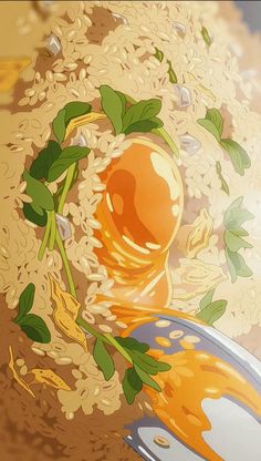 an image of rice and orange juice being poured on it