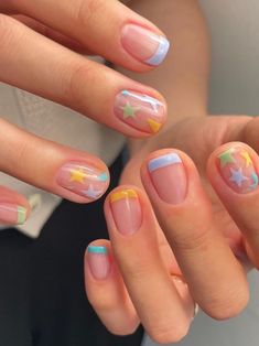 various pastel French tips with stars French Tips With Stars, Pastel French Tips, Nails Korean, 00s Mode, Hippie Nails, Colorful Nail, Korean Nails, Smink Inspiration