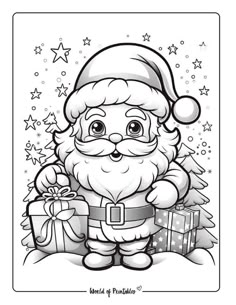 santa claus with presents in his hand coloring page for christmas cards and other holiday activities