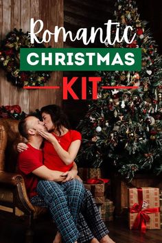 two people sitting on a couch in front of a christmas tree with the words romantic christmas kit