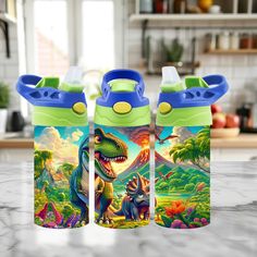 three children's water bottles with dinosaurs on them