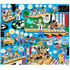 an illustration of people in a classroom with speech bubbles and pictures on the wall behind them