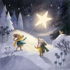 two little mice are playing in the snow with a star above their head, and one is holding on to it's string