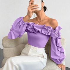 Super Cute And Stylish Ships In 5-10 Business Days Lilac Top Outfit Color Combos, Purple Feminine Blouse For Brunch, Feminine Purple Blouse For Brunch, Spring Purple Off-shoulder Top, Feminine Solid Color Tops For Party, Feminine Tops For Party, Trendy Purple Tops For Brunch, Feminine Solid Color Party Tops, Fitted Purple Top For Brunch