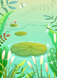 a pond with water lilies and dragonflies