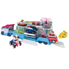 an assortment of toy vehicles are shown on a white background