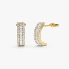 "Diamond Earrings / 14k Gold Baguette and Round Diamond Micro Pave Earrings / 0.75 Ctw Baguette Diamond Hoop Earrings by Ferkos Fine Jewelry / Bridal Jewelry / Statement Earrings Features * Made to Order. * Gold Kt: 14K * Custom Gold Color: Rose Gold, Yellow Gold, White Gold * Inner Diameter: 10 MM * Round Diamonds: 64 pcs 1.1MM * Baguette Diamonds: 34 pcs 2x1 MM * Total CTW: 0.75 ctw * Diamond Color-Clarity: G Color SI1 Clarity * Setting Type: Channel Setting / Prong Setting * Ready to Ship in Luxury Party Diamond Earrings With Pave Setting, Baguette Earring, Pave Earrings, Channel Setting, Gold Armband, Baguette Diamonds, Solitaire Necklaces, Indian Aesthetic, Jewelry Bridal