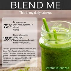 a green smoothie in a mason jar with instructions on how to blend it up