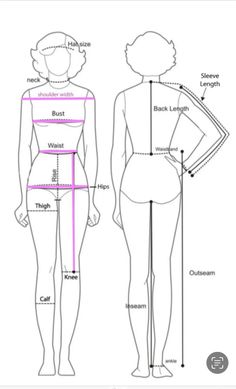 the back and side view of a woman's body with measurements for each section