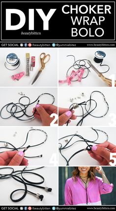 the instructions for how to make choker wrap necklaces with scissors and ribbon ties