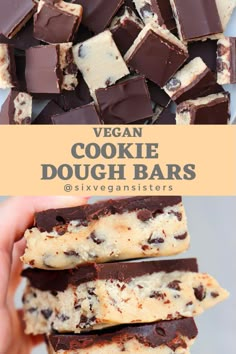 vegan cookie dough bars stacked on top of each other with text overlay that reads vegan cookie dough bars