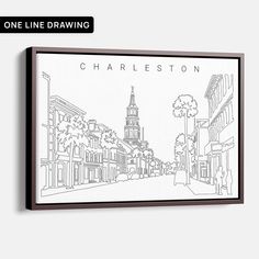 a black and white drawing of charleston, with the words one line drawing on it