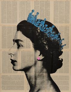 an image of a woman's face with blue flowers in her hair on newspaper