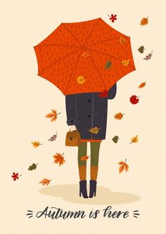 a woman holding an umbrella with autumn leaves around her and the words autumn is here