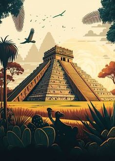 an ancient pyramid surrounded by tropical trees and birds in the sky with palm trees around it