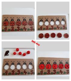 four different pictures of ladybugs on cardboard with buttons and holes in the middle