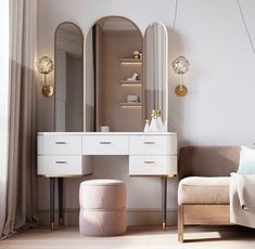 a living room with a couch, mirror and dressing table