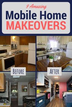 a collage of photos showing the before and after of a mobile home makeover