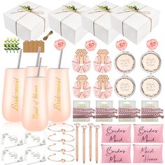 the bride's maid gift set includes champagne flutes, napkins, and other items