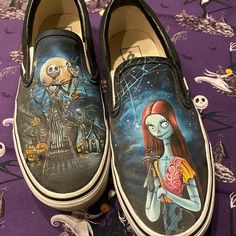 These Are Custom One Of A Kind Hand Painted Nightmare Before Christmas Jack And Sally Vans. I Commissioned Them A Couple Of Years Ago And Wore Them Once. They Are In Perfect Condition. These Were 100% Hand Painted And Sealed So They Can Tolerate Getting Wet. No Cracks In The Paint Size 9 In Womens. Truly A Gem To Own!! Vans Shoes Custom, Nightmare Before Christmas Jack, Van Color, Jack And Sally, Skater Shoes, Vans Black, Custom Hand Painted, Womens Vans, Nightmare Before