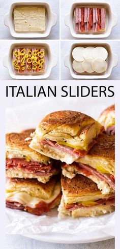 different types of sandwiches are shown with the words italian sliders above them and below it