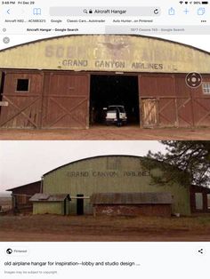 two pictures of an old barn with the doors open