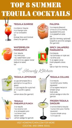 the top 8 summer tequila cocktails info sheet is shown in red, white and blue