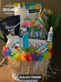 a basket filled with personal care products and other items that are labeled made with typoma