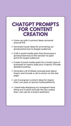 a purple and white poster with the words chatt't promps for content creation