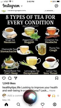 an instagram page with teas on it and the caption that says, 8 types