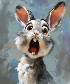 a painting of a rabbit with it's mouth wide open and eyes wide open