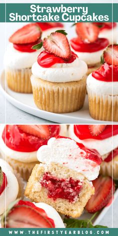 strawberry shortcake cupcakes with white frosting and fresh strawberries on top