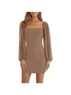 Fashionable and comfortable, the perfect choice for your wardrobeBZB Wome's Mesh Long Sleeve Square Neck Ruched Party Club Cocktail Bodycon Mini Dress Khaki Elegant  Long Sleeve  Plain Bodycon   Women Clothing, size features are:Bust: ,Length: ,Sleeve Length: Brown Dress Long Sleeve, Brown Dress Long, Khaki Dress, Mesh Long Sleeve, Dress For Short Women, Brown Dress, Bodycon Mini Dress, Dress P, Square Neck