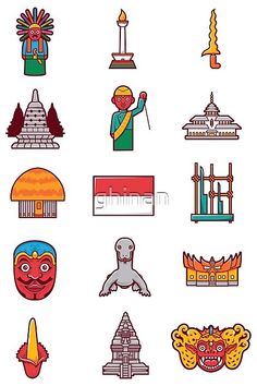 an image of different types of stickers on a white background, including buildings and people