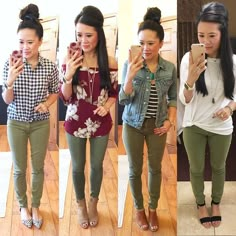 Spring Denim Shirt, Olive Skinnies, Olive Pants Outfit, Olive Green Pants Outfit, Green Pants Outfit, Olive Jeans, Olive Pants, Capsule Wardrobe Work, Booties Outfit