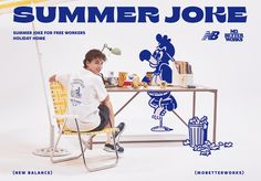 a boy sitting at a table with an umbrella over his head and the words summer joke on it