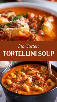 Ina Garten Tortellini Soup recipe is made with Italian sausage, garlic, onion, Italian seasoning, flour, chicken stock, tomato sauce, tortellini, kale, heavy cream, and basil this Tortellini Soup takes 30 minutes and serves 6. Tortellini Soup Crockpot, Italian Sausage Tortellini Soup, Flour Chicken, Ina Garden, Sausage Tortellini Soup, Tomato Tortellini Soup, Chicken Tortellini Soup, Italian Sausage Soup, Chicken Tortellini