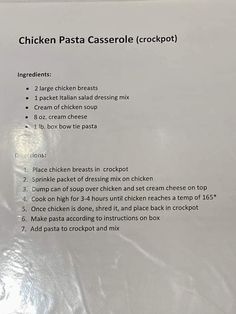 the menu for chicken pasta casserole crockpot