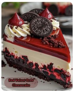 a slice of red velvet oreo cheesecake on a plate