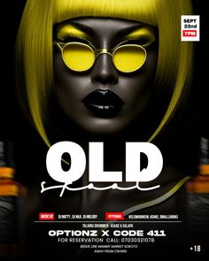 an advertisement for the upcoming fashion show, called old lagera with a woman's face and yellow glasses